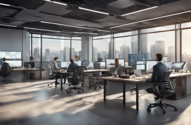 Pessoas diversas trabalhando em escritório moderno, com telas grandes exibindo gráficos e mapas de análises de dados.