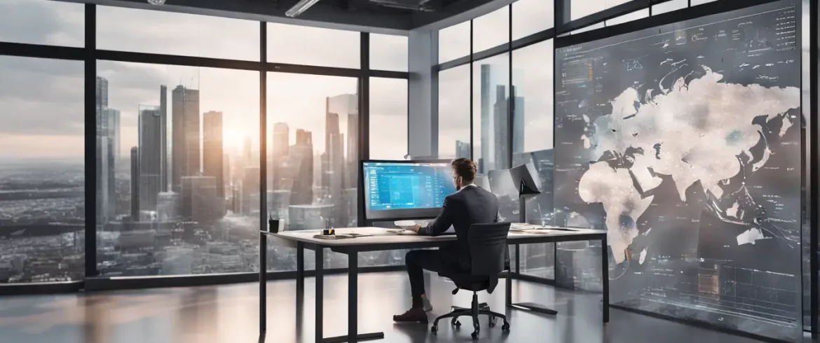 Profissional em um escritório moderno usando um computador com um painel PowerBI na tela e elementos de dados holográficos ao redor.