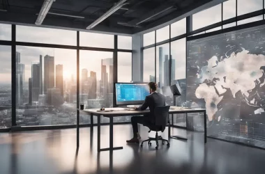 Profissional em um escritório moderno usando um computador com um painel PowerBI na tela e elementos de dados holográficos ao redor.