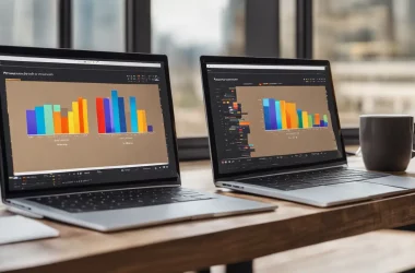 Duas telas de computador lado a lado em uma mesa de madeira, uma com gráficos de barras do Tableau e a outra com gráficos de pizza do PowerBI.