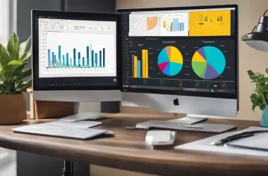 Computador em uma mesa com monitor exibindo painel do Power BI com gráficos coloridos, bloco de notas, caneta, caneca de café e planta ao fundo.