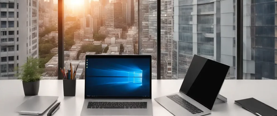 Pessoas em uma mesa de conferência em um escritório moderno com laptops, gráficos coloridos na parede e vista para a cidade.