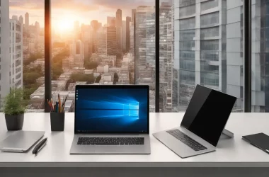 Pessoas em uma mesa de conferência em um escritório moderno com laptops, gráficos coloridos na parede e vista para a cidade.