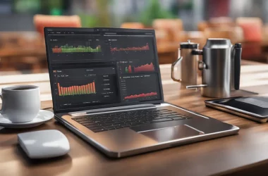 Painel de controle colorido com gráficos diversos em uma tela de computador, laptop e caneca de café na mesa ao lado.