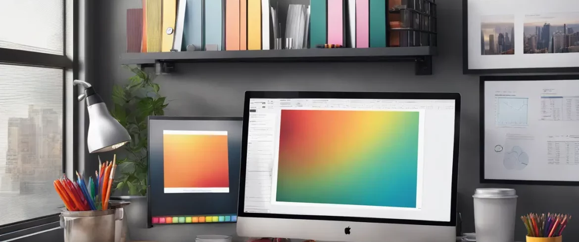 Monitor de computador com dashboard colorido em mesa de escritório moderna com canetas, papéis e uma xícara de café.