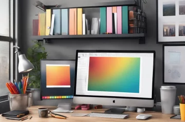 Monitor de computador com dashboard colorido em mesa de escritório moderna com canetas, papéis e uma xícara de café.