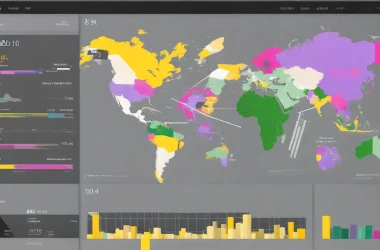 Tela de computador com dashboard do Power BI exibindo gráficos e ícones de usuários em um escritório moderno.