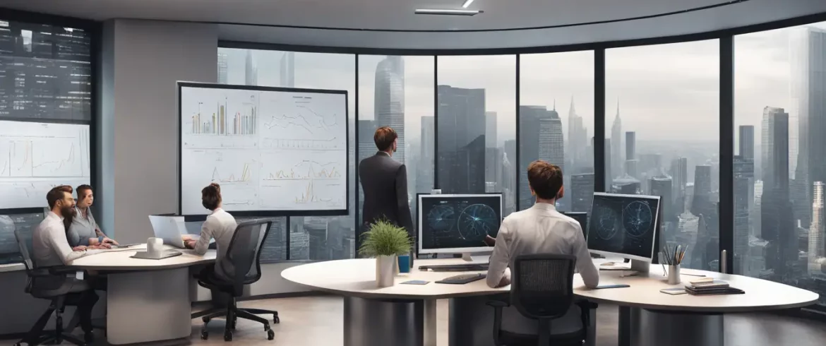 Equipe de quatro pessoas em um escritório moderno, com telas de computador exibindo gráficos e quadros brancos com diagramas de fluxo de dados.