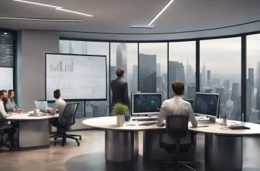 Equipe de quatro pessoas em um escritório moderno, com telas de computador exibindo gráficos e quadros brancos com diagramas de fluxo de dados.