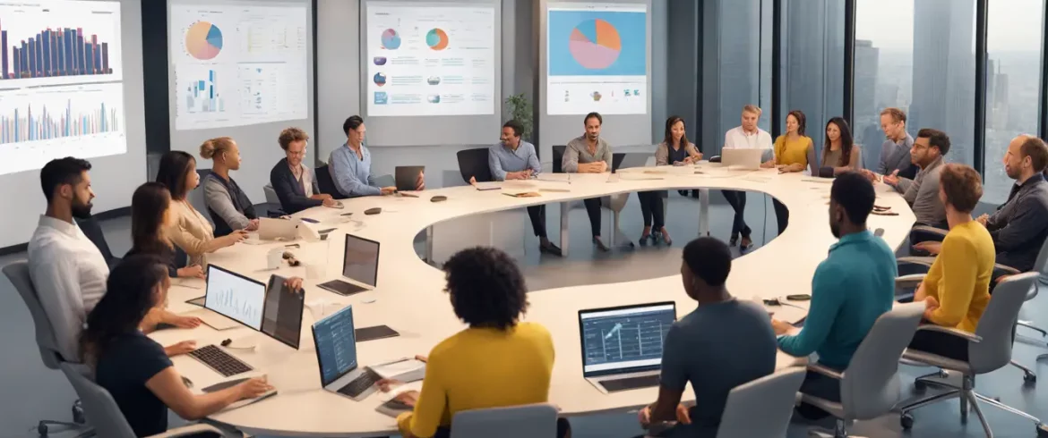 Equipe diversa de mais de 20 pessoas em torno de uma mesa de conferência com laptops abertos mostrando um painel do Power BI.