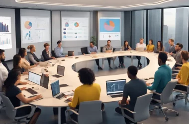 Equipe diversa de mais de 20 pessoas em torno de uma mesa de conferência com laptops abertos mostrando um painel do Power BI.