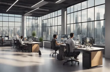 Escritório moderno com grandes janelas mostrando uma paisagem urbana e funcionários trabalhando em telas com dashboards do PowerBI.