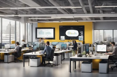 Escritório moderno com painel digital na parede exibindo gráficos do PowerBI e funcionários concentrados em laptops.