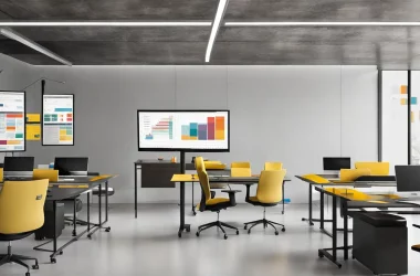 Grande escritório moderno com pessoas usando Power BI em computadores, mesa central com laptops e janelas com vista para arranha-céus.