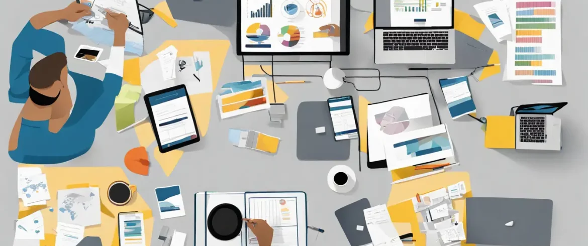 Escritório moderno com equipes em mesas coloridas e um diagrama de permissões do Power BI projetado na tela.