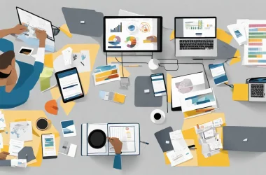 Escritório moderno com equipes em mesas coloridas e um diagrama de permissões do Power BI projetado na tela.