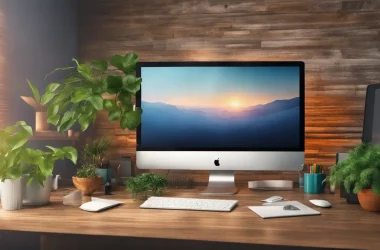 Gráfico de barras colorido em um monitor de computador em um escritório moderno com plantas e mesas.