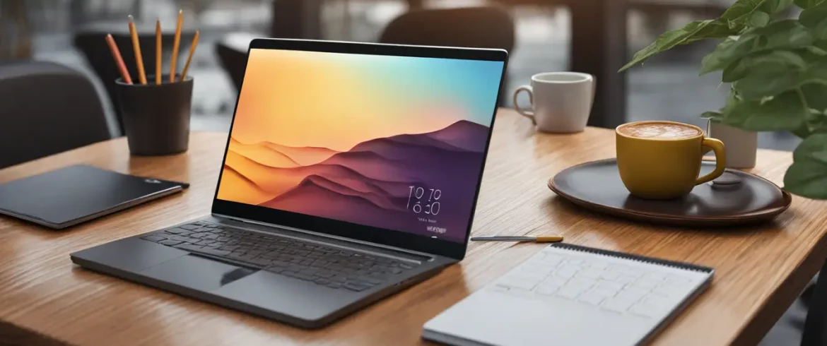 Uma mesa de escritório com um laptop exibindo um dashboard colorido, uma xícara de café, um bloco de notas com caneta e uma planta pequena.