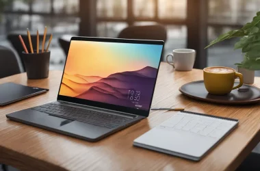 Uma mesa de escritório com um laptop exibindo um dashboard colorido, uma xícara de café, um bloco de notas com caneta e uma planta pequena.