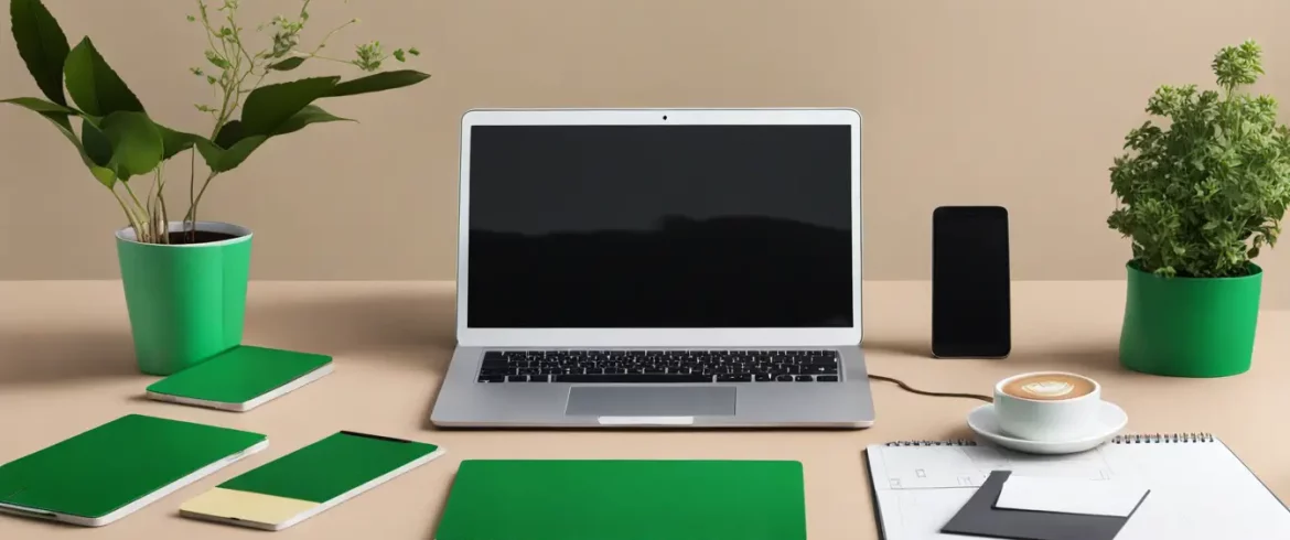 Uma mesa de escritório moderna com laptop mostrando gráficos de big data ao lado de bloco de notas e caneta, planta verde e duas xícaras de café.