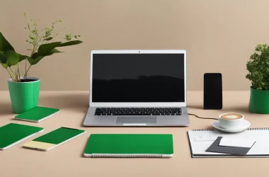 Uma mesa de escritório moderna com laptop mostrando gráficos de big data ao lado de bloco de notas e caneta, planta verde e duas xícaras de café.