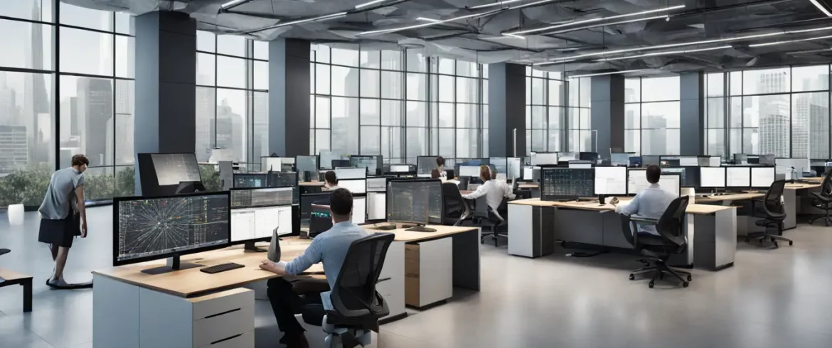 Escritório moderno com funcionários usando computadores com dashboards do Power BI e telas grandes com visualizações de dados.