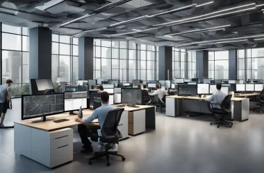 Escritório moderno com funcionários usando computadores com dashboards do Power BI e telas grandes com visualizações de dados.