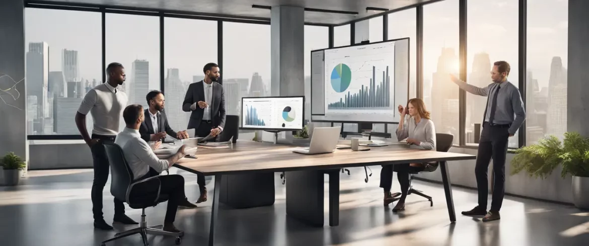 Profissionais de negócios reunidos em torno de uma mesa com um laptop exibindo dashboards do PowerBI e gráficos em uma grande tela ao fundo.