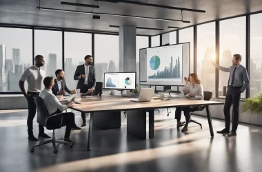 Profissionais de negócios reunidos em torno de uma mesa com um laptop exibindo dashboards do PowerBI e gráficos em uma grande tela ao fundo.