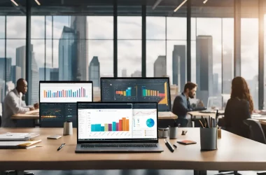Profissionais de negócios discutem insights de dados em torno de uma mesa com um laptop exibindo um painel do Power BI.