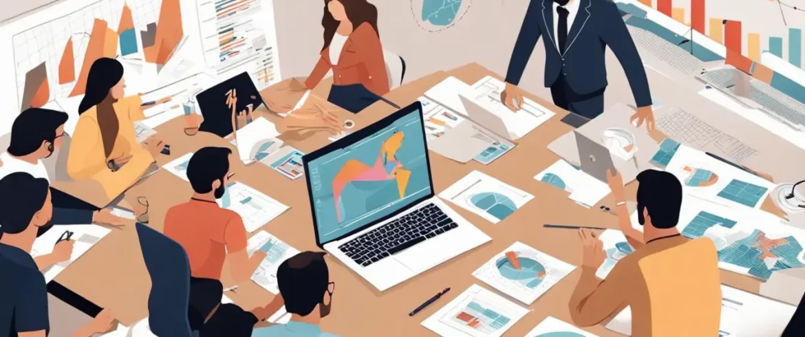 Grupo de pessoas em uma mesa de conferência discutindo gráficos e diagramas com uma tela mostrando um gráfico de crescimento ao fundo.