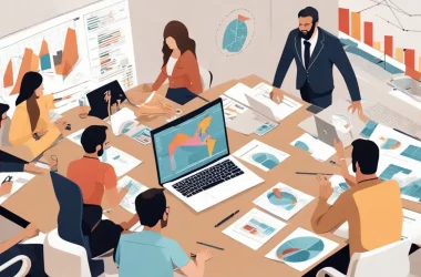 Grupo de pessoas em uma mesa de conferência discutindo gráficos e diagramas com uma tela mostrando um gráfico de crescimento ao fundo.