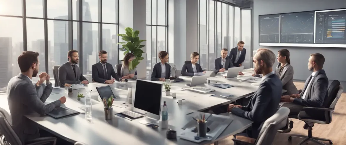 Profissionais de negócios em uma reunião de escritório moderno olhando gráficos e tabelas em uma tela grande.