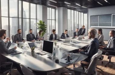 Profissionais de negócios em uma reunião de escritório moderno olhando gráficos e tabelas em uma tela grande.