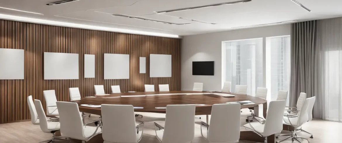 Sala de reuniões corporativa moderna com mesa de madeira escura, papéis, laptops, quadro branco com gráficos e janela com vista urbana.
