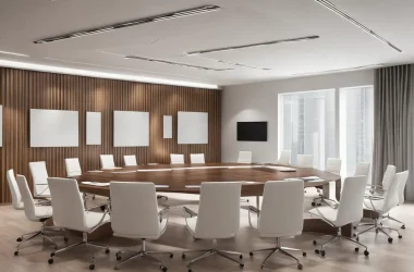 Sala de reuniões corporativa moderna com mesa de madeira escura, papéis, laptops, quadro branco com gráficos e janela com vista urbana.