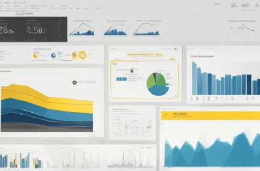 Tela de computador com um dashboard do PowerBI cercado por cadeados dourados e um escudo azul com cadeado no centro