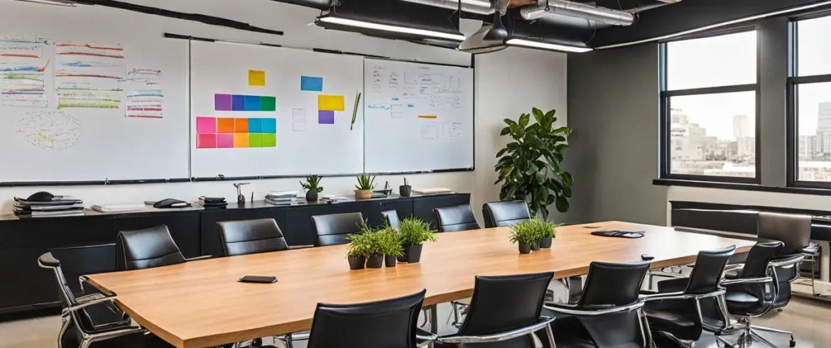 Sala de conferências com mesa longa de madeira, cadeiras de couro preto, quadro branco e tela digital com gráficos na parede.