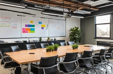 Sala de conferências com mesa longa de madeira, cadeiras de couro preto, quadro branco e tela digital com gráficos na parede.