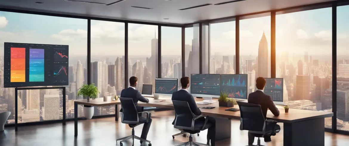 Painel de controle digital com gráficos coloridos em um escritório corporativo moderno.