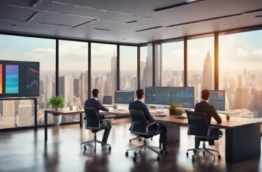 Painel de controle digital com gráficos coloridos em um escritório corporativo moderno.