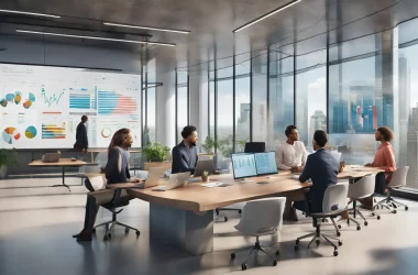 Profissionais em escritório corporativo, discutindo dados exibidos em um grande painel interativo na parede de vidro.