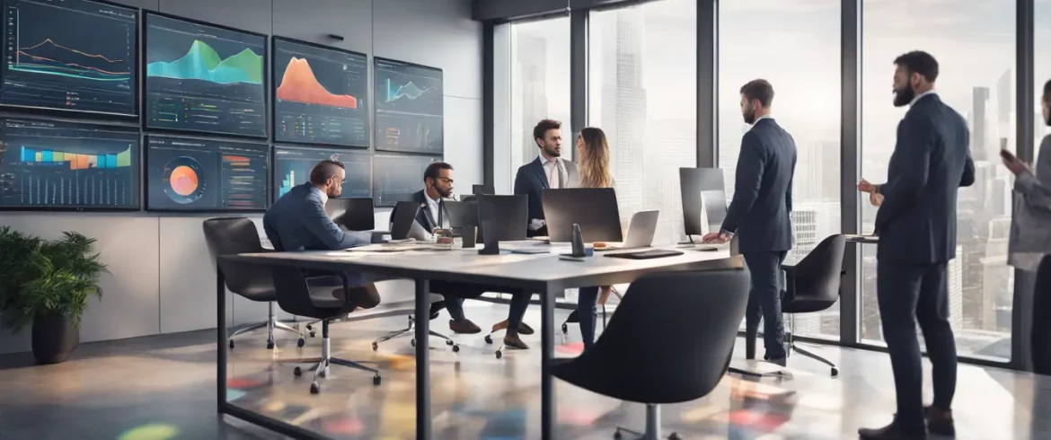 Painel digital com gráficos coloridos em um escritório moderno, analisado por profissionais diversos em trajes de negócios.