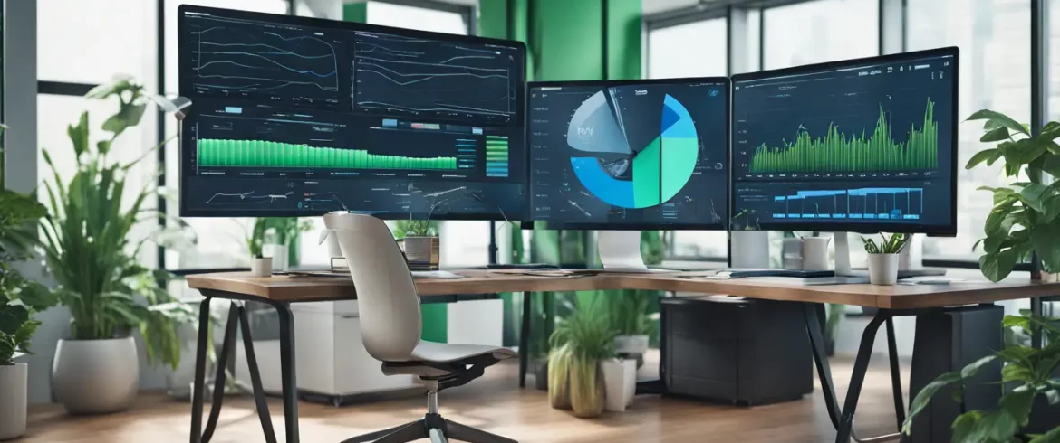 Tela de computador com dashboard complexo e colorido em ambiente de escritório moderno.