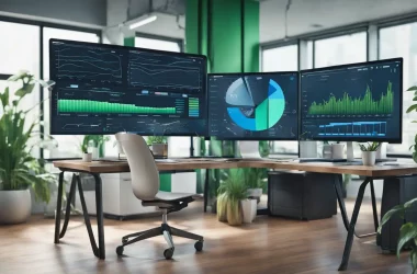 Tela de computador com dashboard complexo e colorido em ambiente de escritório moderno.