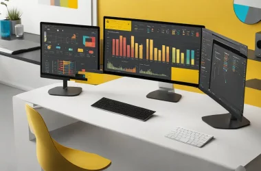 Painel do Power BI em tela de computador com gráficos coloridos, teclado e planta em ambiente de escritório moderno.