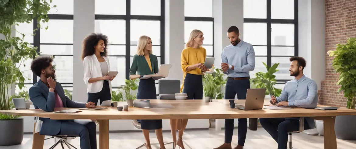 Equipe diversa em torno de mesa grande com dispositivos exibindo dashboards do Power BI em escritório moderno.