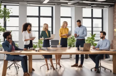 Equipe diversa em torno de mesa grande com dispositivos exibindo dashboards do Power BI em escritório moderno.