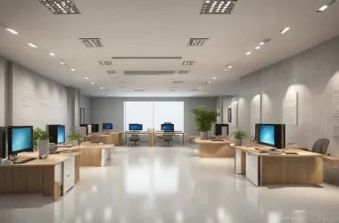 Escritório moderno com computadores mostrando gráficos de dados e displays de análise.
