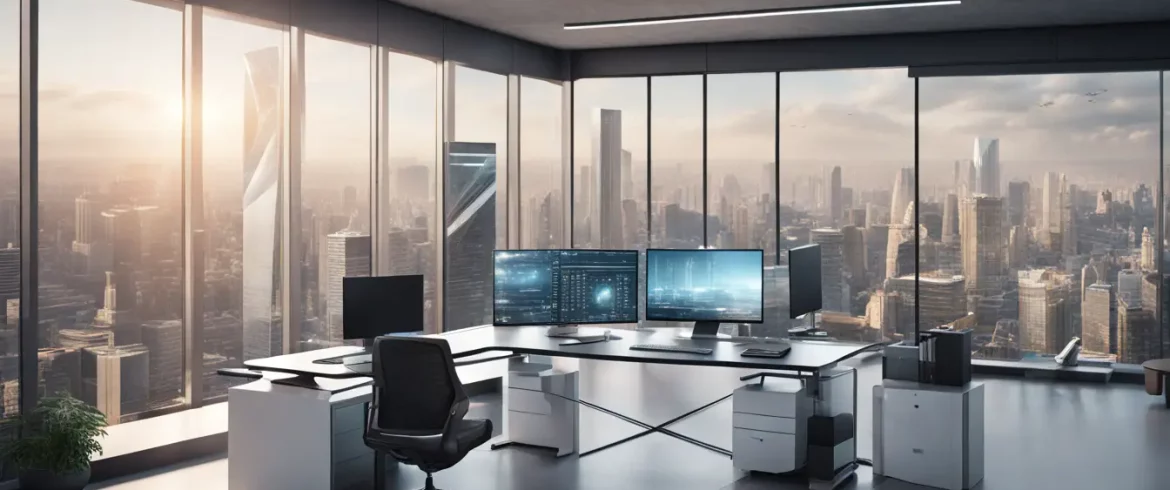 Espaço de trabalho futurista com tela digital exibindo visualizações de dados e móveis modernos.